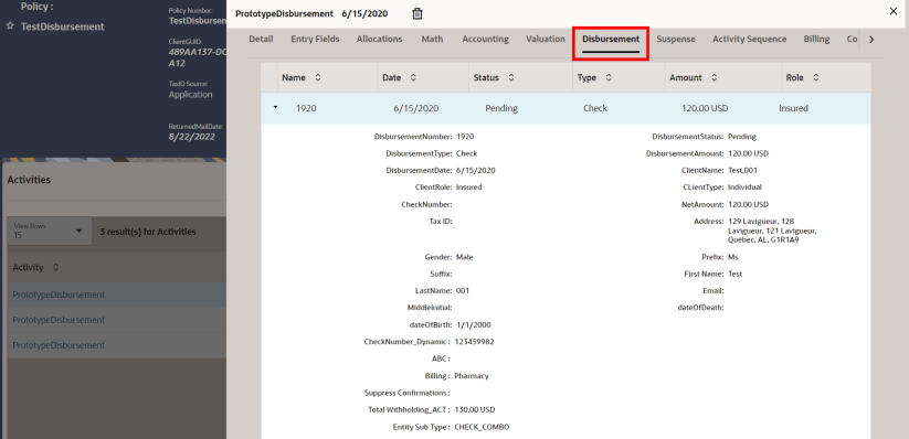 Disbursement Link in Activity Result Window in OIPA